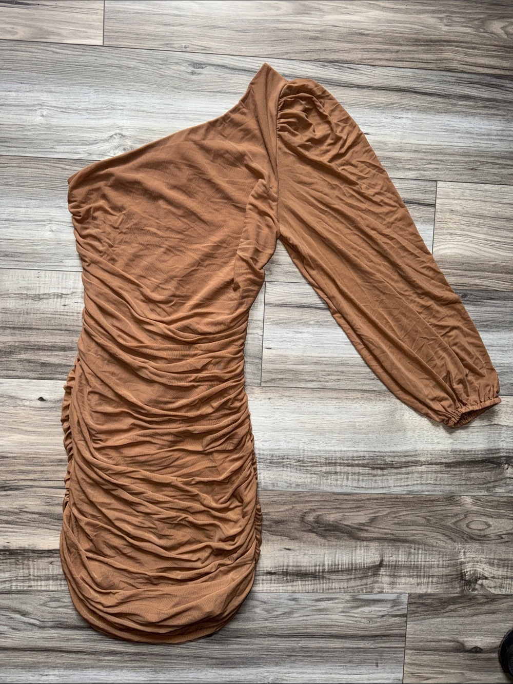 Asymmetric One-Shoulder Ruched Mini Dress in Rust Brown